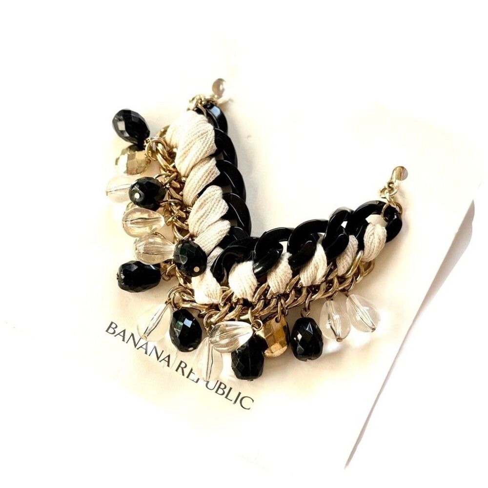 BANANA REPUBLIC Black & Cream Statement Woven Chain Teardrop Bead Bracelet | NWT